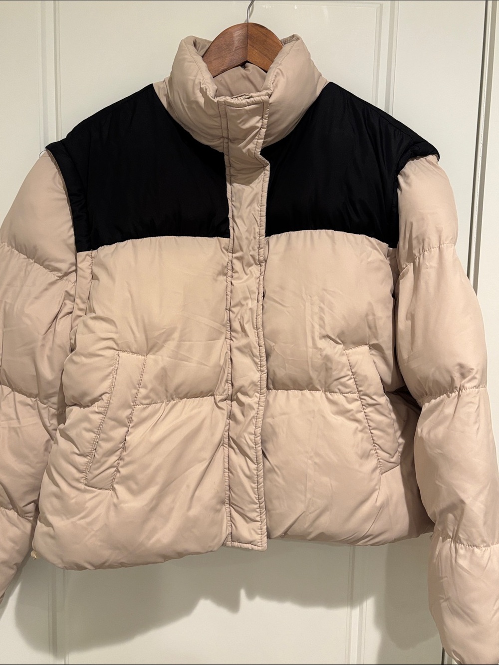 JustFab Beige and Black Colorblock Puffer Jacket